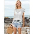 thumbnail image 3 of Women Tassel Knitted Crochet Mesh Crop Top Sexy- Short Sleeve Fishnet Top See Through Cover Up Cream White M, 3 of 7