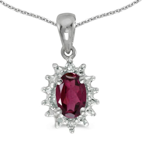 14k White Gold Oval Rhodolite Garnet And Diamond Pendant with 18" Chain
