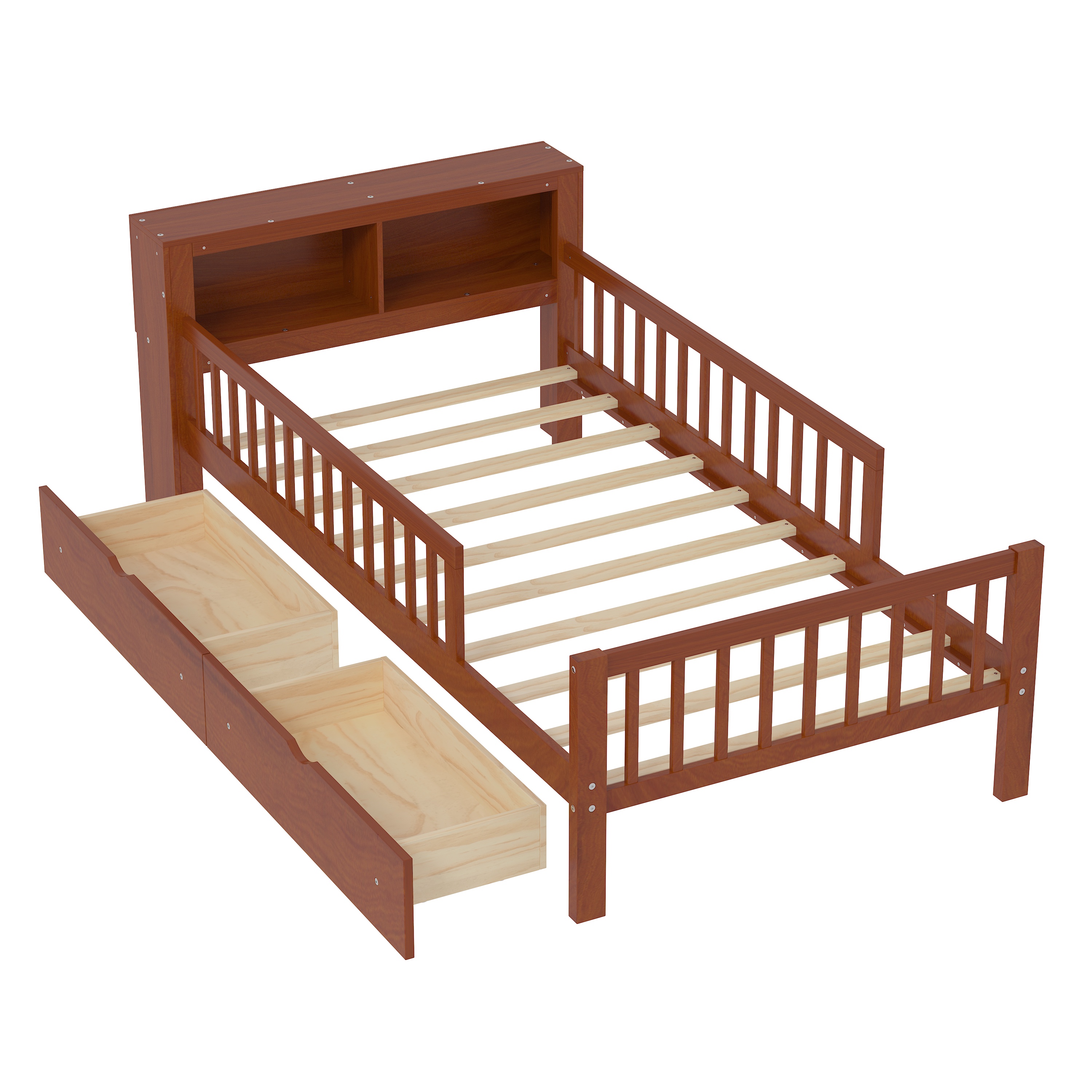 Twin Bed Frame for Kids, SHINPT Twin Size Bed Frame with Headboard Storage Rack, Storage Bed Frame with Two Under-Bed Drawers, Bed for Kids with three-Side Guardrails, White, Pink, Gray, Walnut