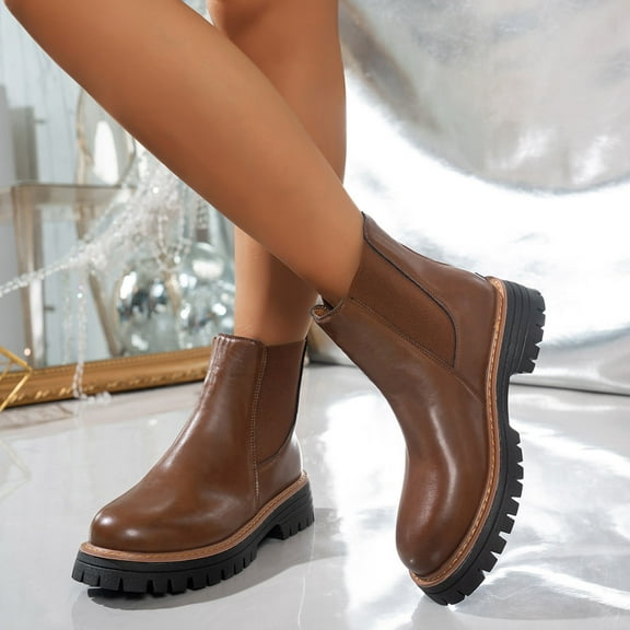 XUNKUSGA Chelsea Boots Women with Elastic Low Wedge Heel Slip On Ankle Boots for Women Leather Classic Style Round Toe Ankle Boots Women 36-43 Brown