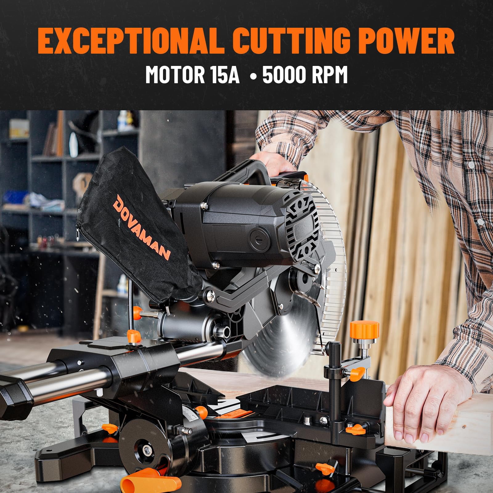 DOVAMAN 10-Inch Dual Bevel Sliding Miter Saw with LED Shadow Line, 15A Motor, 2-Speed Control, Wide Cutting Capacity