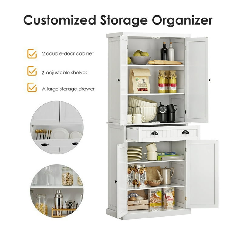 72''H Freestanding Tall Pantry Cabinet Kitchen Storage Cabinet in White w  Drawer