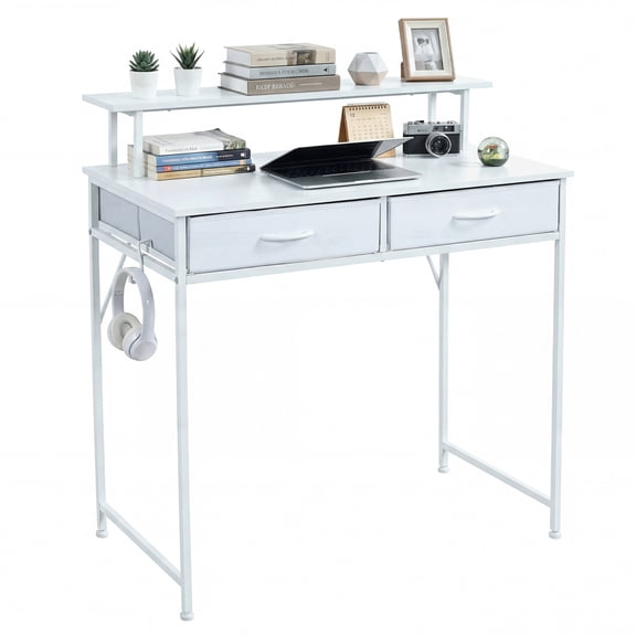 edx 31" Computer Desk with 2 Drawers & Hooks, Compact Home Office Working Table for Small Spaces, White