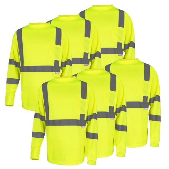Pomerol Hi-Vis Safety Shirt Class 3 Reflective, Yellow Long Sleeve Work T-Shirt 6-Pack M