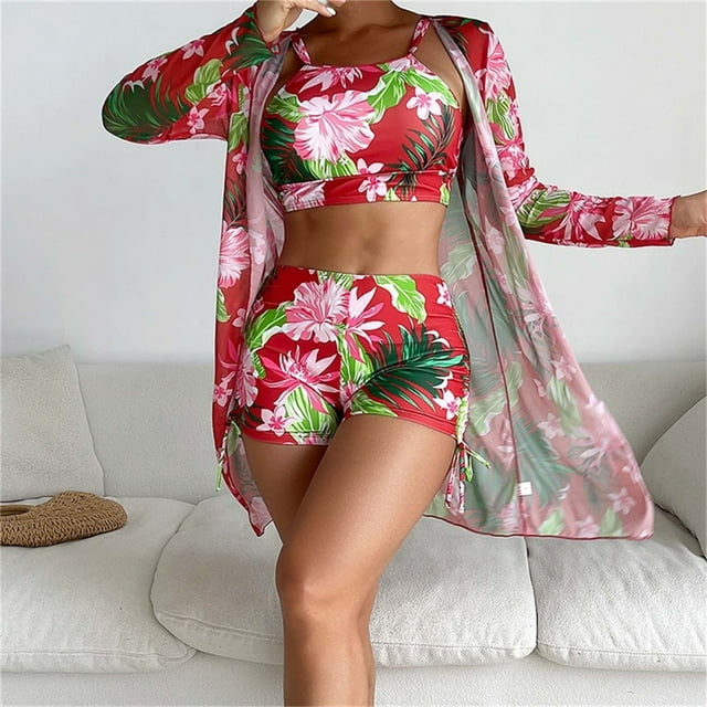 Trajes de baño para mujer, Trajes de baño para mujer, Traje de baño de tres piezas con tirantes de bikini estampados para mujer, Traje de baño de nailon para mujer