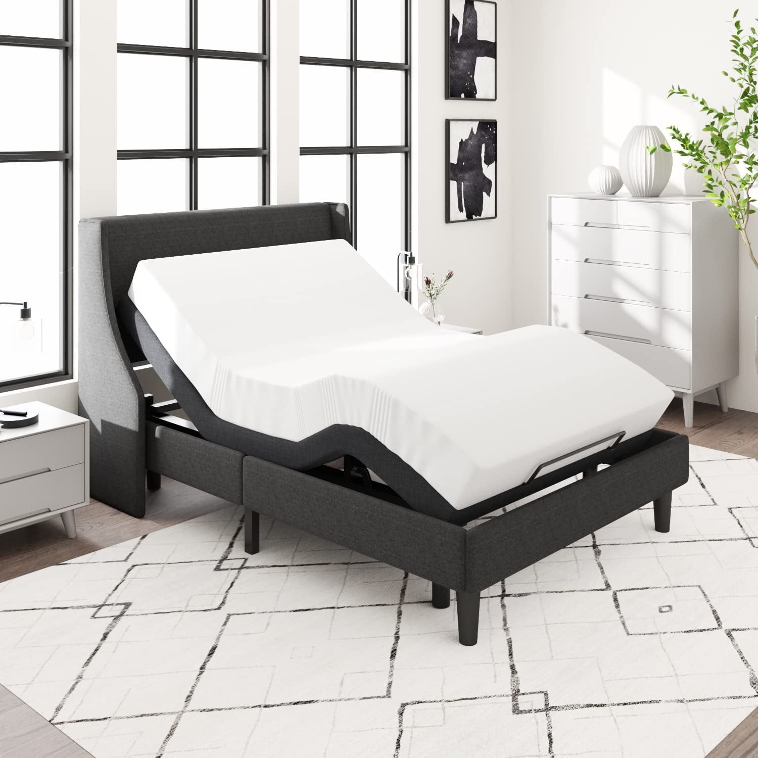 Allewie Upholstered Full Size Adjustable Bed Base Frame with Upgraded Motor 2.0, Independent Head & Foot Incline, Wireless Remote Control