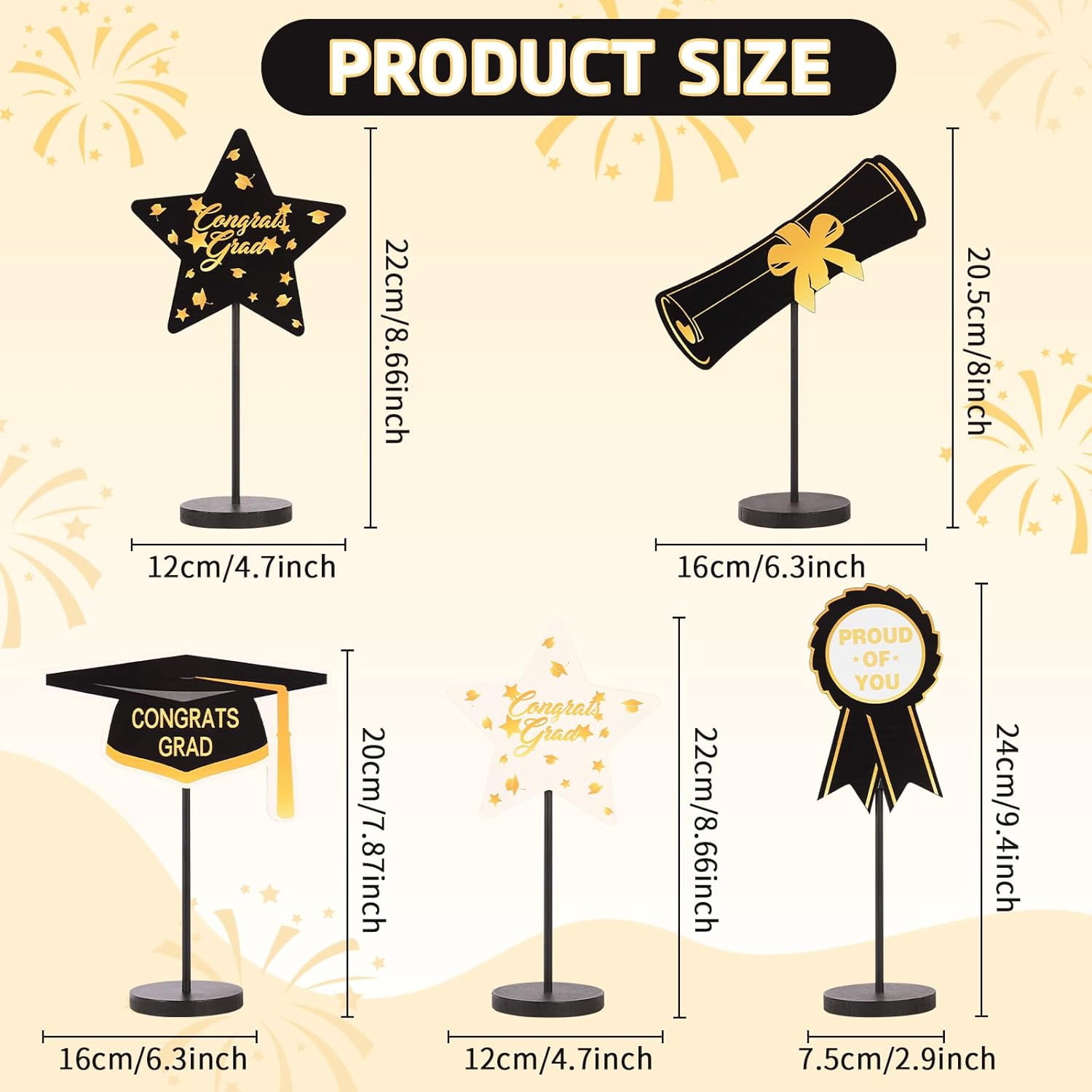 2026 Graduation Decorations, 5Pcs Black Gold White Wooden Table Centerpieces Decor Include Grad Cap Diploma Star Supplies Medal Sign, of Congrats Day Class Party Decoration.