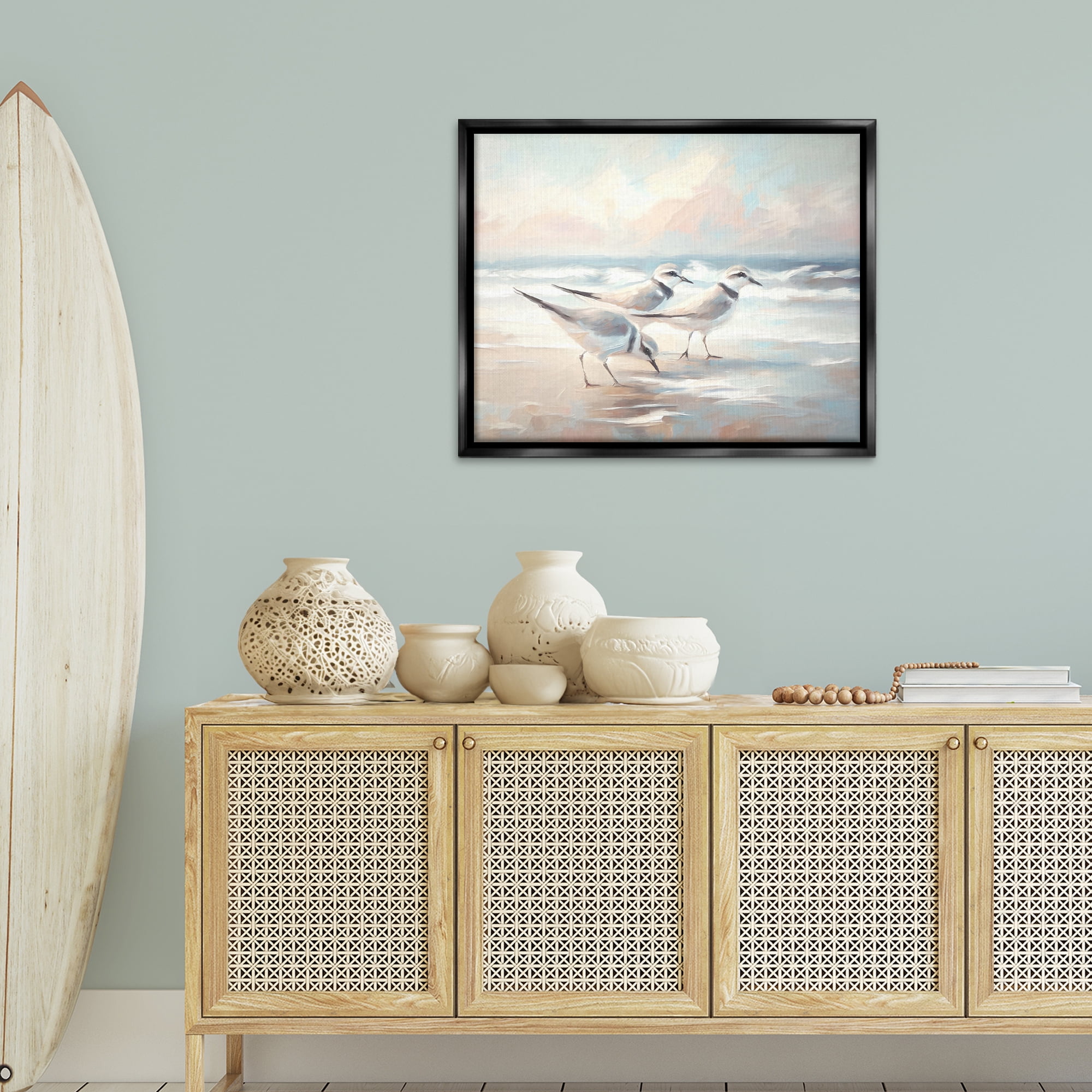 Stupell Industries Bay with Beach Birds Coastal Painting Black Floater Framed Canvas Art Print Wall Art, 31 x 25