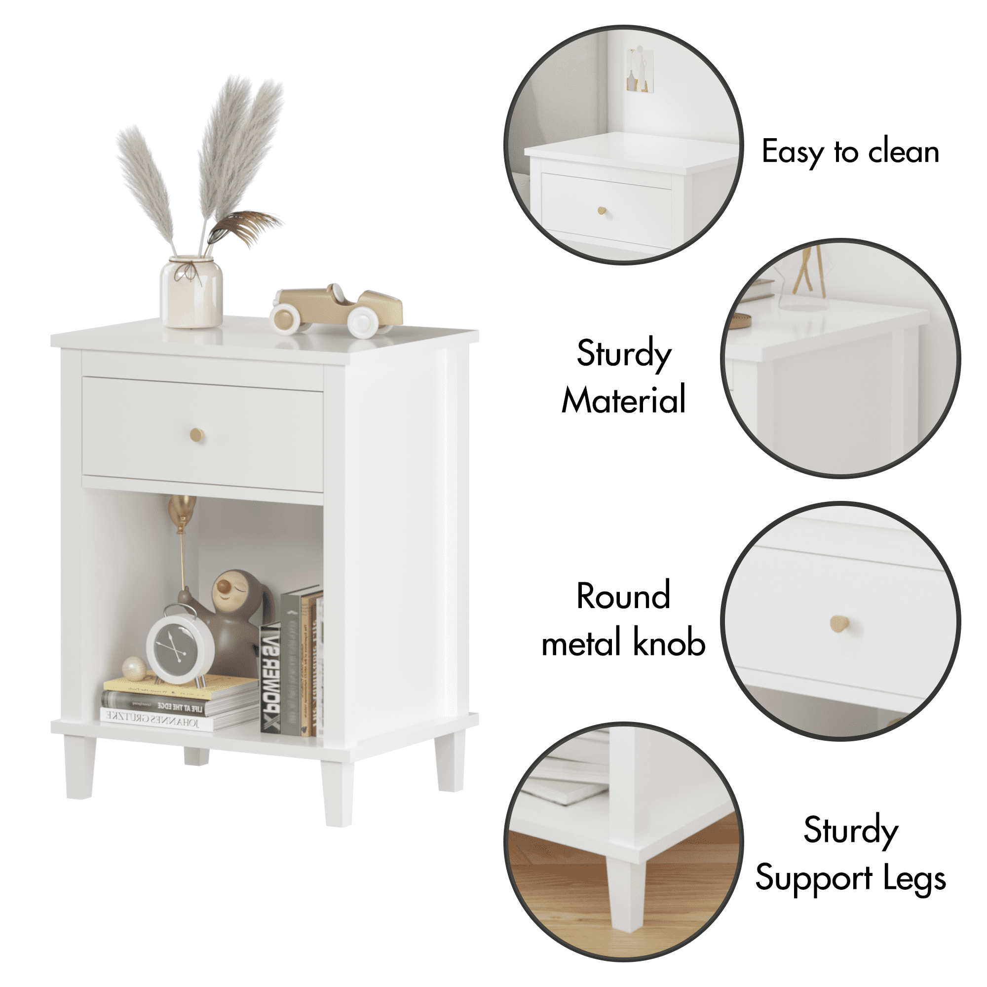 Jopath Wooden Nightstand with One Drawer & One Shelf for Kids, Adults,26.77''H,White02