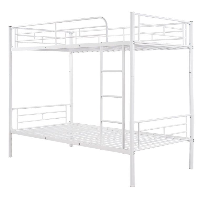 Twin Over Full Metal Bunk Bed - Heavy Duty, Full Guardrails, Safety Ladder, White, No Box Spring Needed