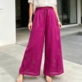 thumbnail image 5 of PBFRDSJ Cotton Linen Plazzo Pants for Women Boho Floral Embroidered Drawstring Pants Casual Wide Leg Peasant Vacation Bottoms, 5 of 8
