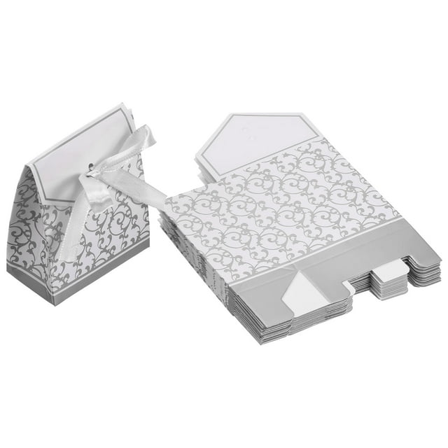Unique Bargains Candy Boxes, 100 Pcs Wedding Gift Boxes Paper Box with Ribbon 3.3 x 2.6 Inch for Gift Wrap Wedding, Silver Tone