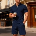 thumbnail image 2 of JAJAHO Men's 2 Piece Set Short Sleeve Quarter Zip Collared Shirts And Drawstring Shorts Texture Summer Beach Vacation Clothes Trendy Outfit, 2 of 7