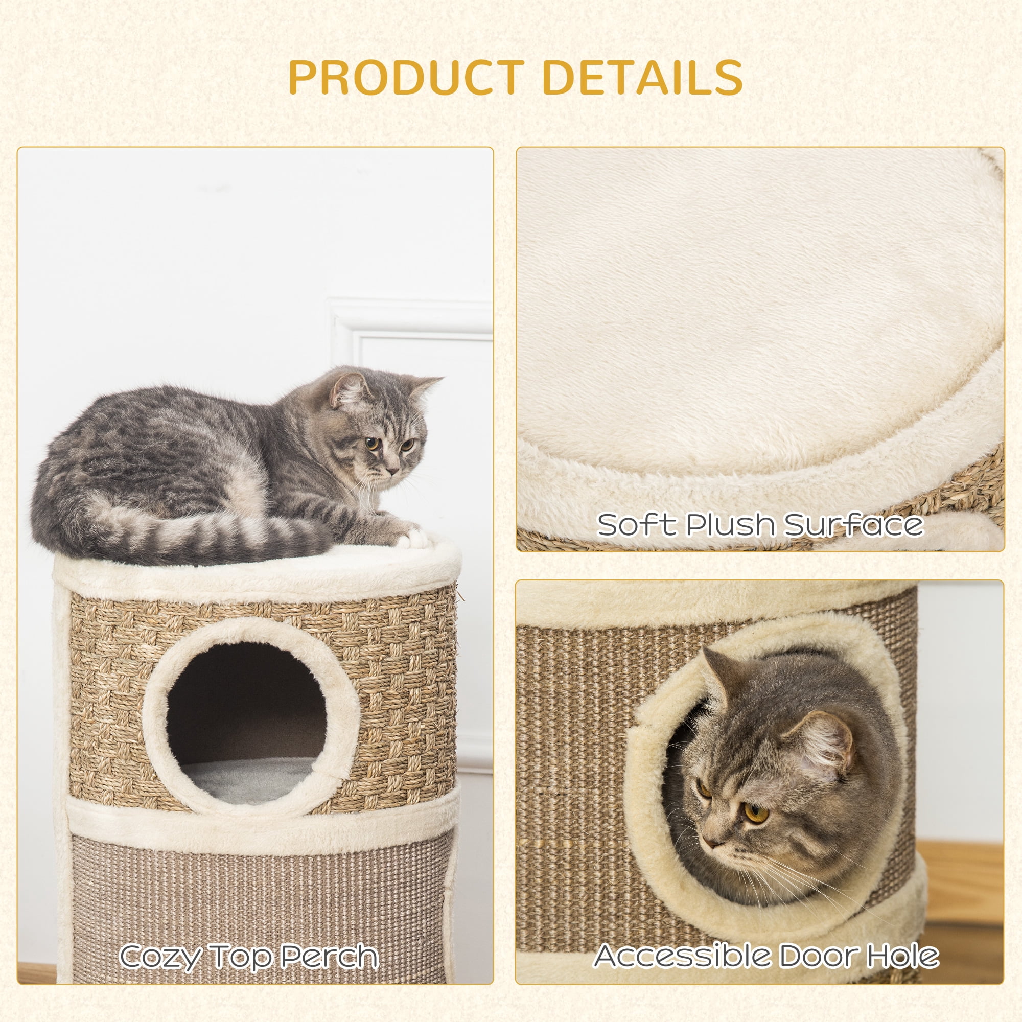 28 Inch 3-Story Cat Condo, Barrel Shaped Indoor Cat Tree with Sisal Scratching Pad, Soft Plush Lining Stable Particleboard Cat Hideaway for Small Cats, Khaki & Brown