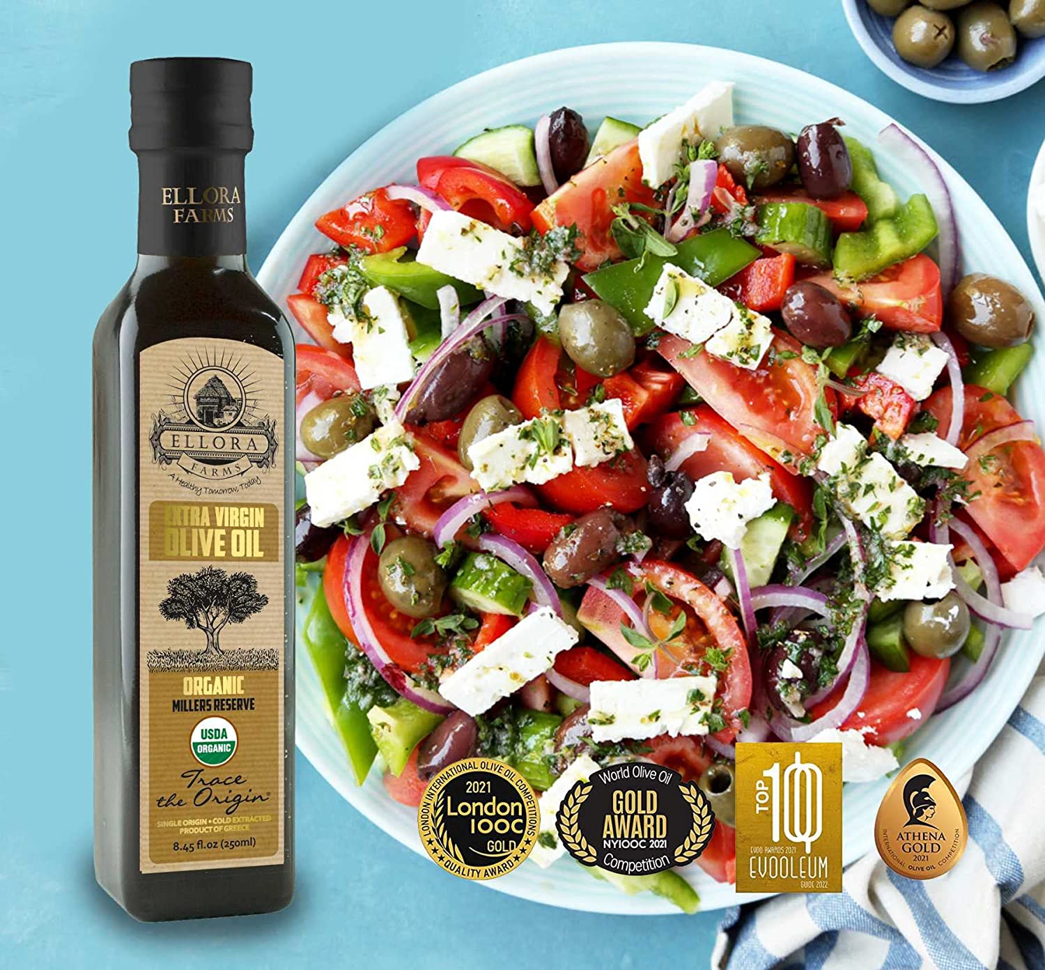 Ellora Farms, 100% Organic Greek Extra Virgin Olive Oil, Traceable, Gold Award Winner, 8.45 oz., Pack of 2