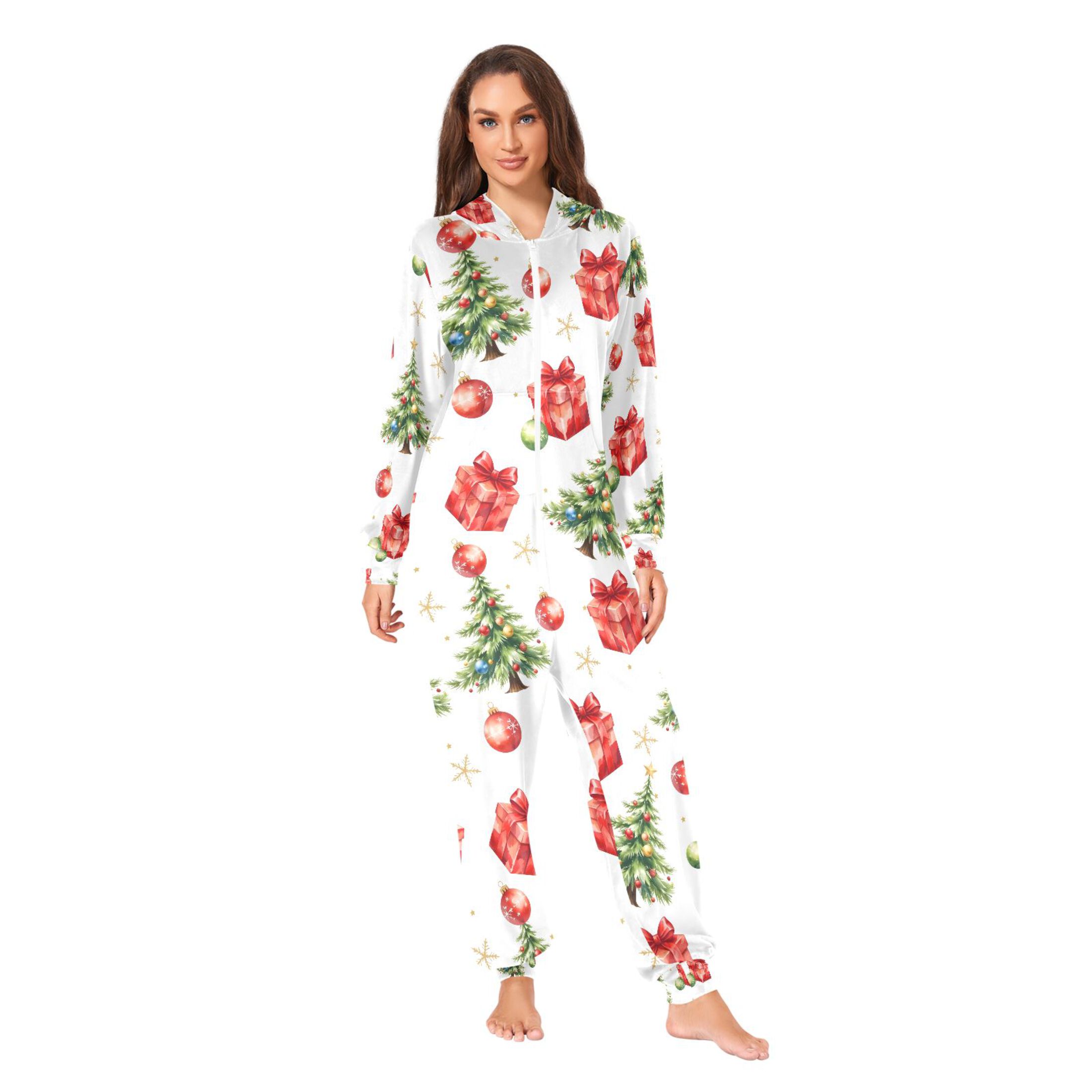 Adult Christmas Onesie Snowflake Christmas Tree Adult Zipper One-Piece Pajamas Unisex Pajamas with Pockets