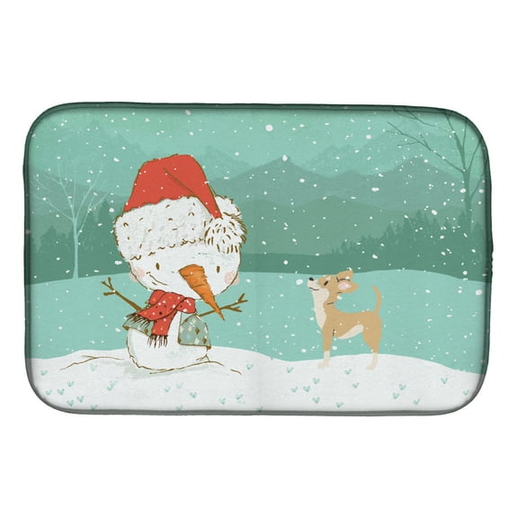 Tan Chihuahua Snowman Christmas Dish Drying Mat