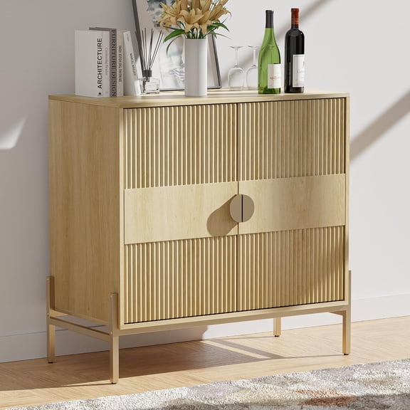 30.7" Accent Cabinet, Modern Buffet Cabinet with Gold Metal Legs, Fluted Sideboard for Dining Room, Kitchen, Oak