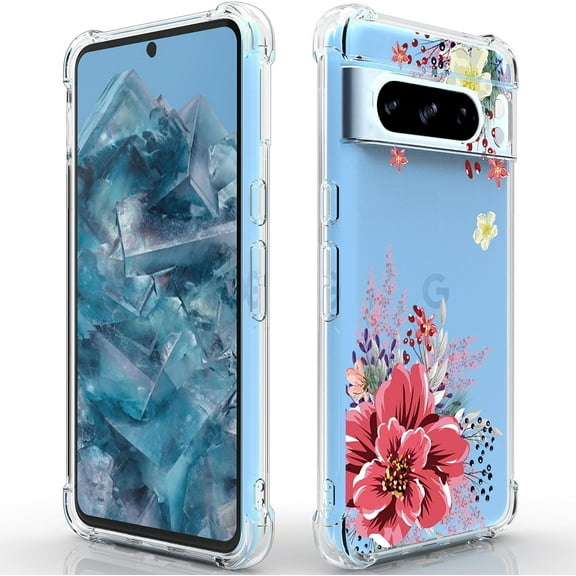 for Google Pixel 8 Pro Case: Women Girls Flower Floral Shock-Absorption Flexible TPU Rubber Phone Cover for Google Pixel 8 Pro Phone Case(Red Flower)