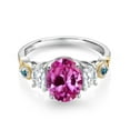 thumbnail image 2 of Gem Stone King 925 Silver and 10K Yellow Gold 3-Stone Ring Oval Pink Created Sapphire and Moissanite (1.51 Cttw, Size 5), 2 of 3