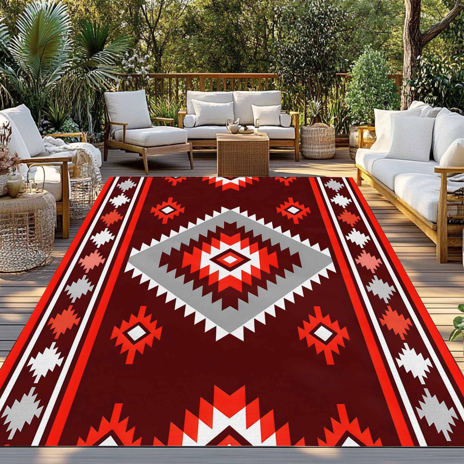 Fsddascl Red Boho Outdoor Rug for Patio/Deck/Porch, Non-Slip Large Area Rug 4 x 6 Ft, Neutral Tribal Ethnic Abstract Geometric Motifs Indoor Outdoor Rugs Washable Area Rugs, Camping Rug Carpet Runner