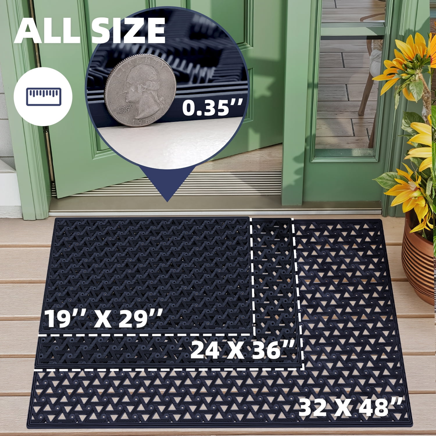 PABUBE Outdoor Doormat , Waterproof and Heavy Duty Doormat for Outside, Low Pile Dirt Trapper Rubber Outdoor Mat and Non-Slip Welcome Mat for Front Doors, 24" x 36", Blue