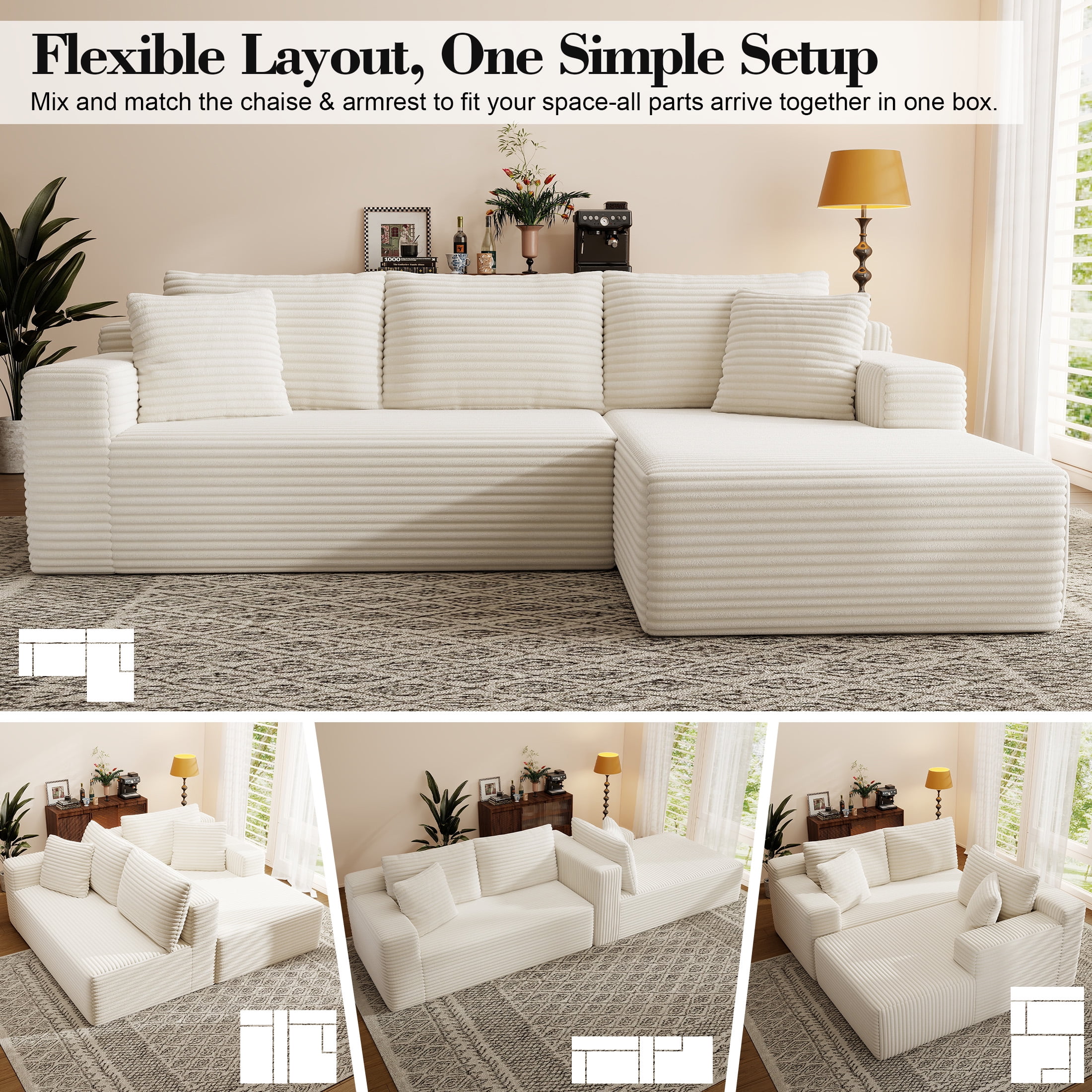 AENKYO Modular Sectional Couch with L-Shape Chaise — Modern Living Room Sofa, White, Right-Facing, No Assembly