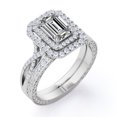 thumbnail image 4 of JeenMata Twisted - 1.5 Carat Emerald Cut Moissanite - Filigree Band - Double Halo Design Wedding Ring Set - 18K White Gold Plating over Silver, 4 of 7