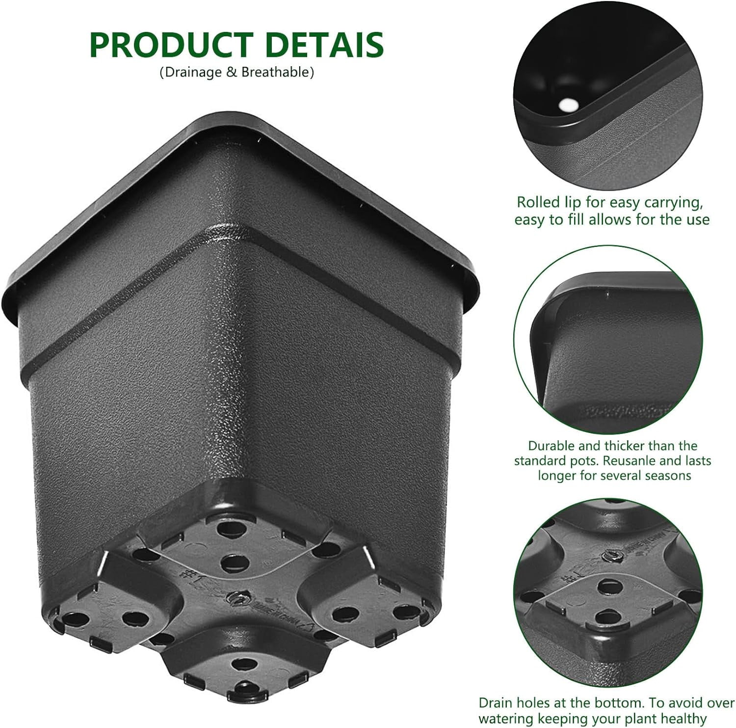 HOSTIC 10-Pack 2 Gallon Square Planter Nursery Pots, Flower Plant Container Injection Molded Plastic Nursery Pots Gardening Pots for Indoor Outdoor Vegetables, Succulents, Black