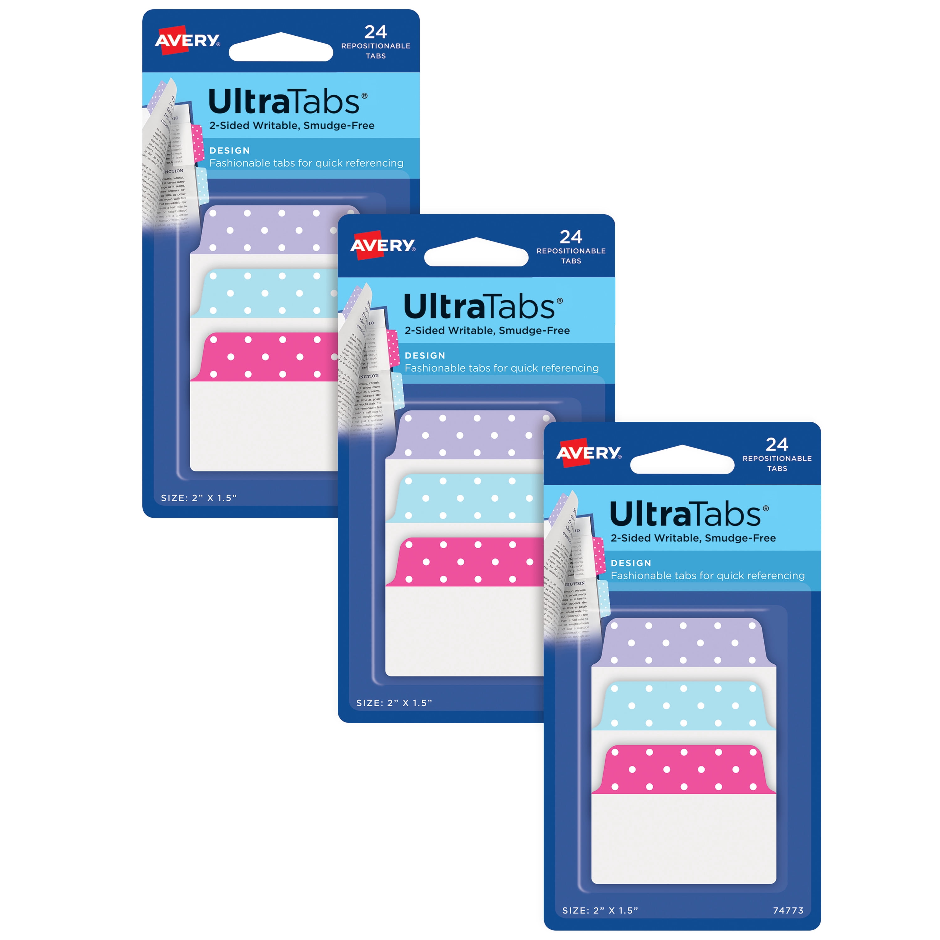 Avery Ultra Tabs, Multiuse Tabs, 2' x 1.5', 2-Side Writable, Assorted Pastel Dots, 24 Tabs Per Pack, 3-Pack, 72 Self Adhesive Tabs Total (34779)