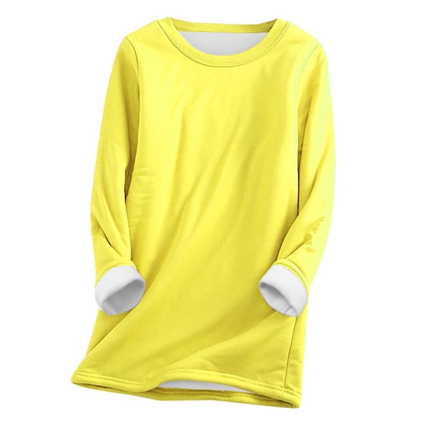 Gibobby Blusa Manga Larga Mujer Ropa interior Sudadera Mujer Grueso Cálido Top Terciopelo O-cuello Fleece Invierno Mujer Blusa(Amarillo, L)