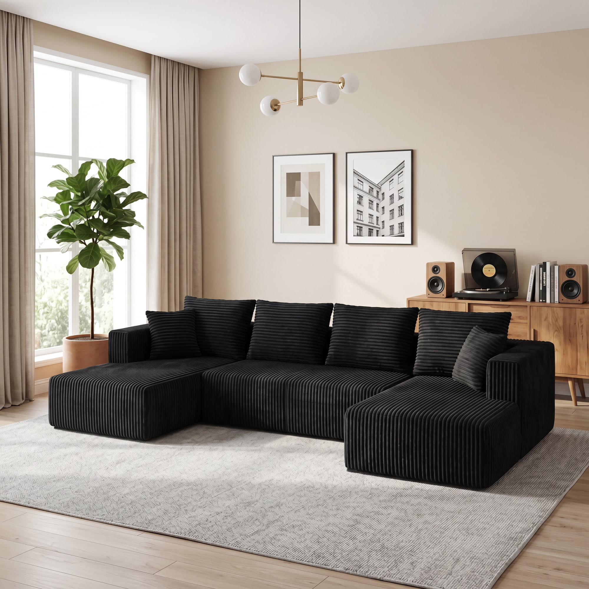 Leumius 132" U Shaped Cloud Couch Sectional Sofa,Modular Sectional Sofa with Double Chaise,Oversized Deep Seat Boneless Couch for Living Room,No Assembly Required,Black