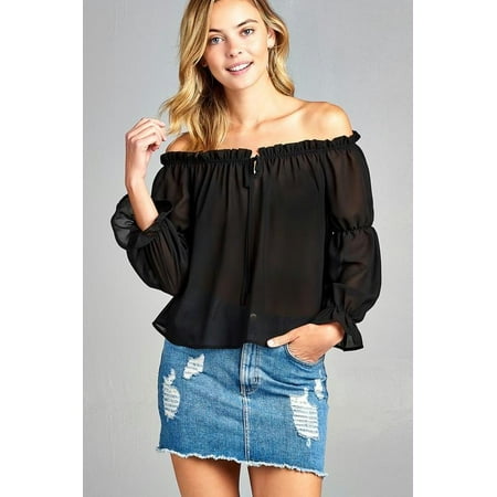 - Women's Puff Long Sleeve Ruffled Front Tie Off Shoulder Top