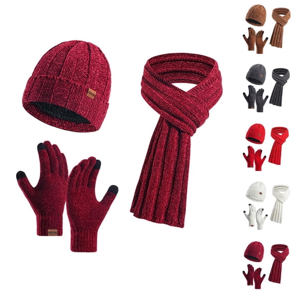Solid Color Chenille Knit Set - Thick Soft Hat Scarf Gloves Combo, Plush Winter Stocking Stuffers, Fashion Gifts For Women Girls Christmas