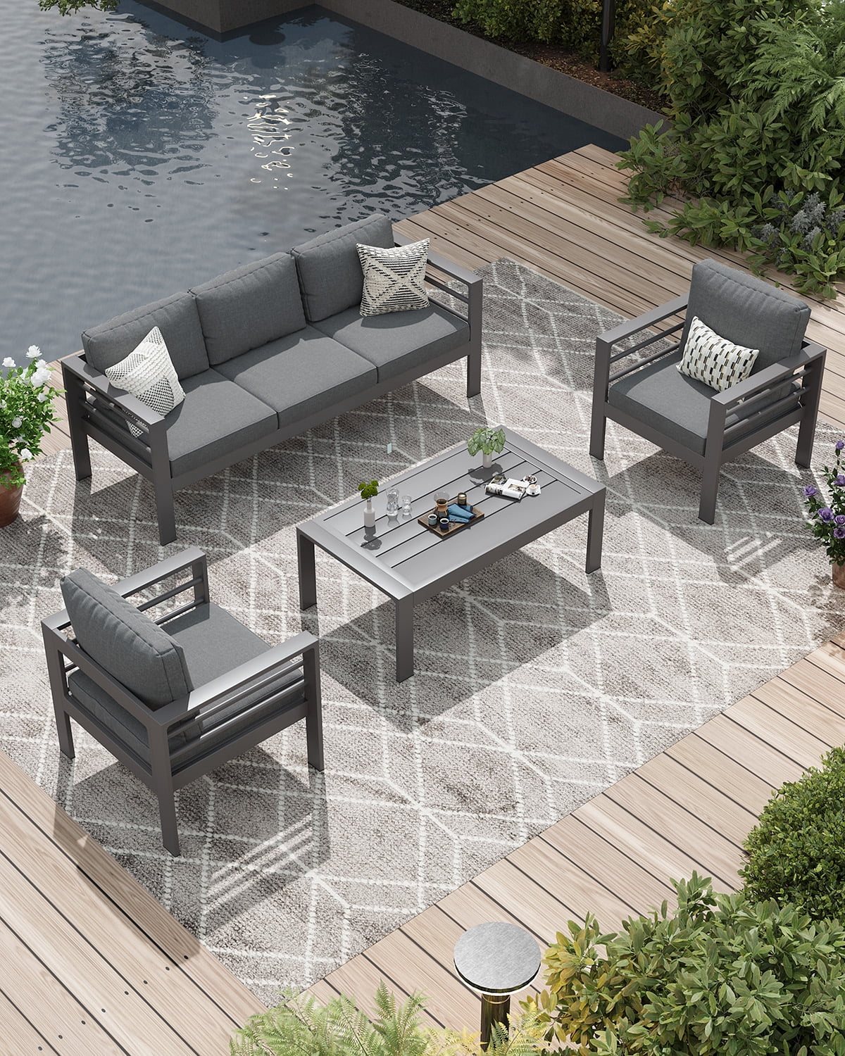 AECOJOY Aluminum Patio Furniture Set on sale, 5 Seats Modern Outdoor Furniture with Coffee Table, 4 Pieces Metal Conversation Sectional Sofa, Dark Gray