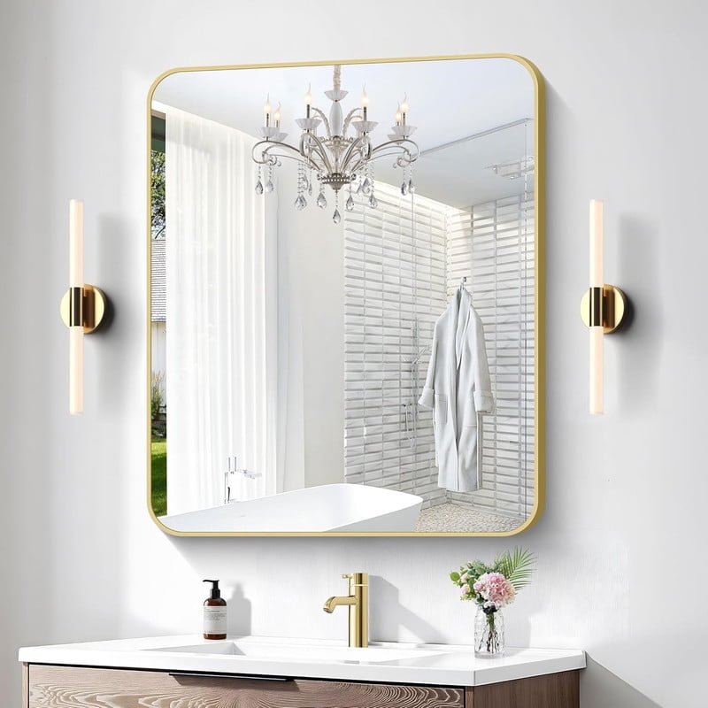 Clarvion 30"x40" Rounded Edge Rectangle Bathroom Mirror Wall Mounted Vanity Mirror,Gold