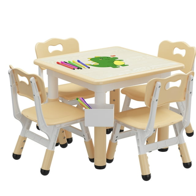Bingirl Kids Table and 4 Chairs Set Height Adjustable Toddler Table and Chair Set Graffiti Desktop Children Learn Activity Table for Kids Study Table for Home