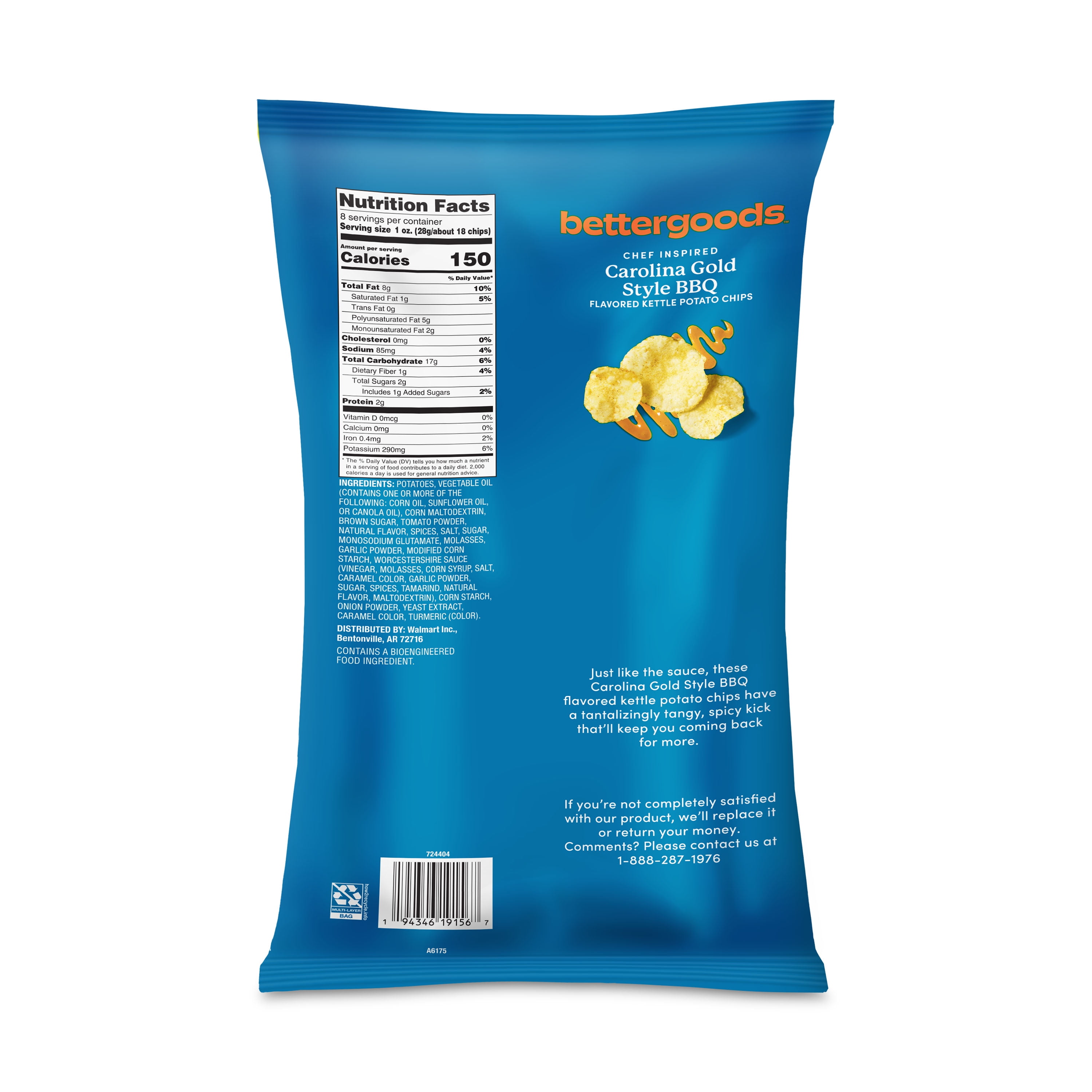 (6 pack) bettergoods Chef Inspired Carolina Gold Style BBQ Flavored Kettle Potato Chips, 8 oz (P65)
