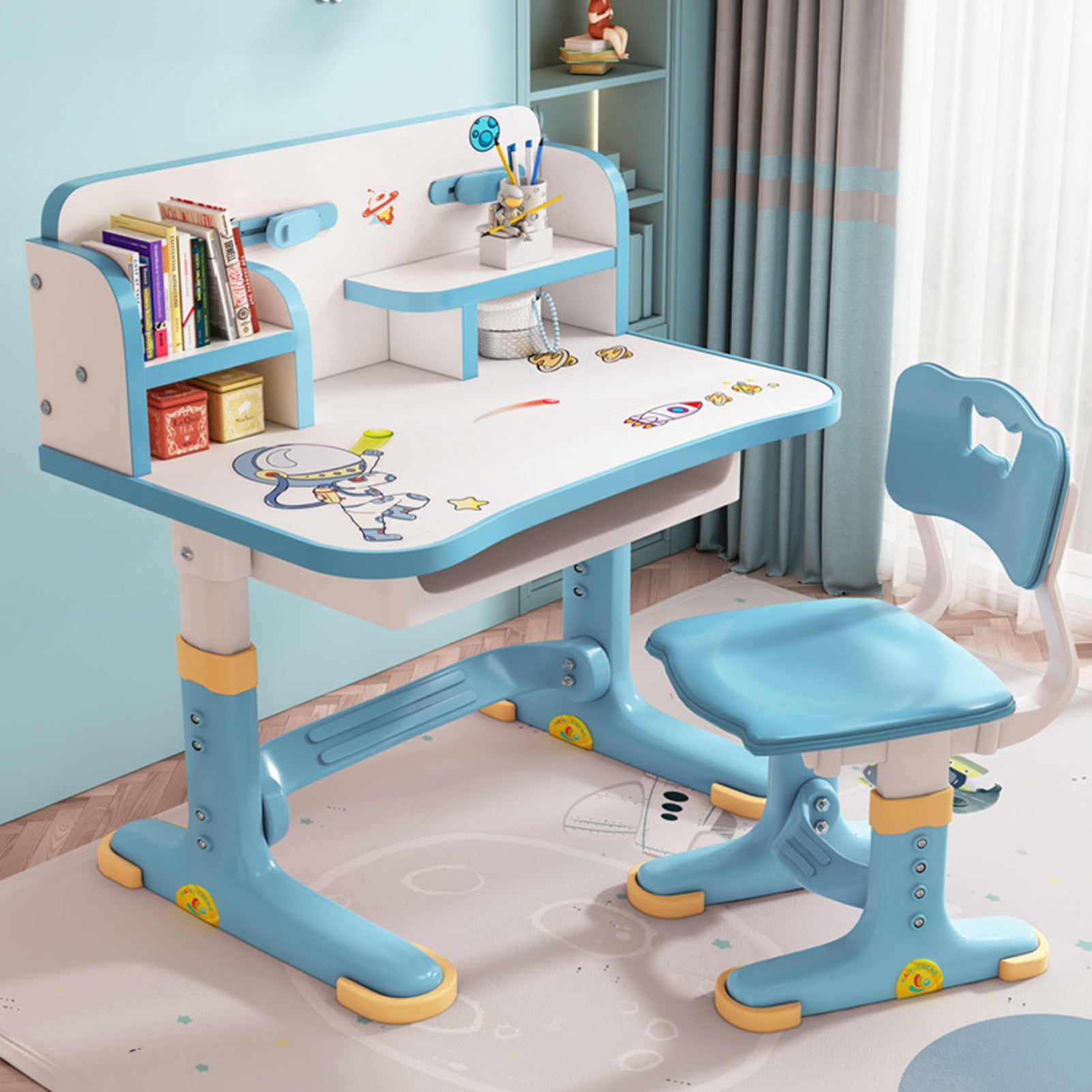 2024 Upgraded Kids Table and Chair Set, Height Adjustable Kids Functional Desk and Chair Set for Kids 3-16, Children Study Desk, Ergonomic Boys Girls School Writing Study Table
