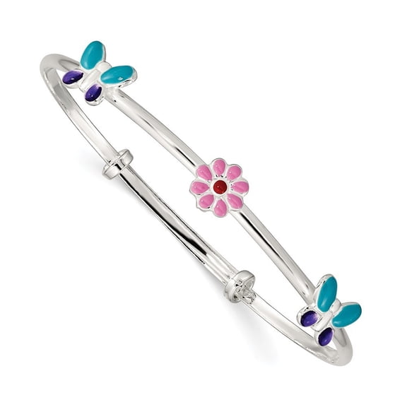 Sterling Silver Enamel Flower and Butterfly Childs Adjustable Bangle Bracelet - Measures 6.8mm Wide