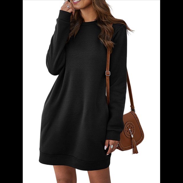 Vestidos para Mujer, Larga, Informales, Holgados, de Otoño, con Cuello Redondo, Minivestido con Bolsillos Negro S