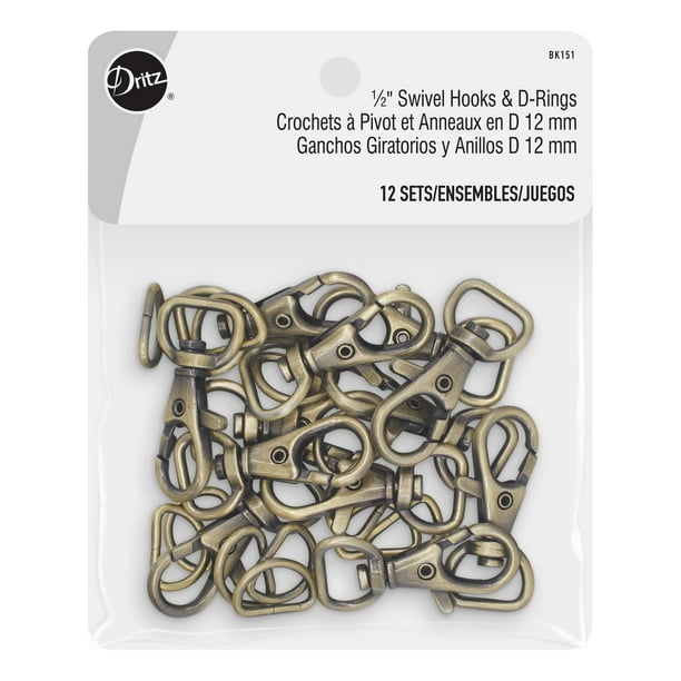 Dritz 1/2" Swivel Hooks & DRings, 12 Sets, Antique Brass