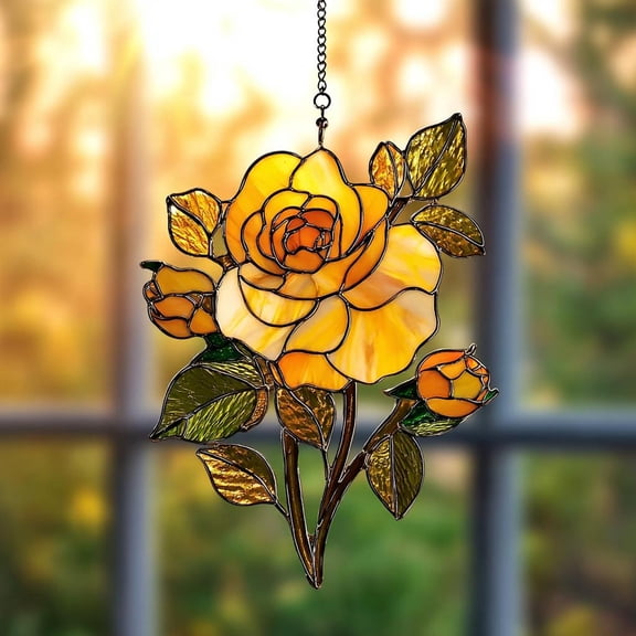 Yellow Rose Suncatcher Stained Glass Window Hanging Vintage Floral Garden Decor Gift