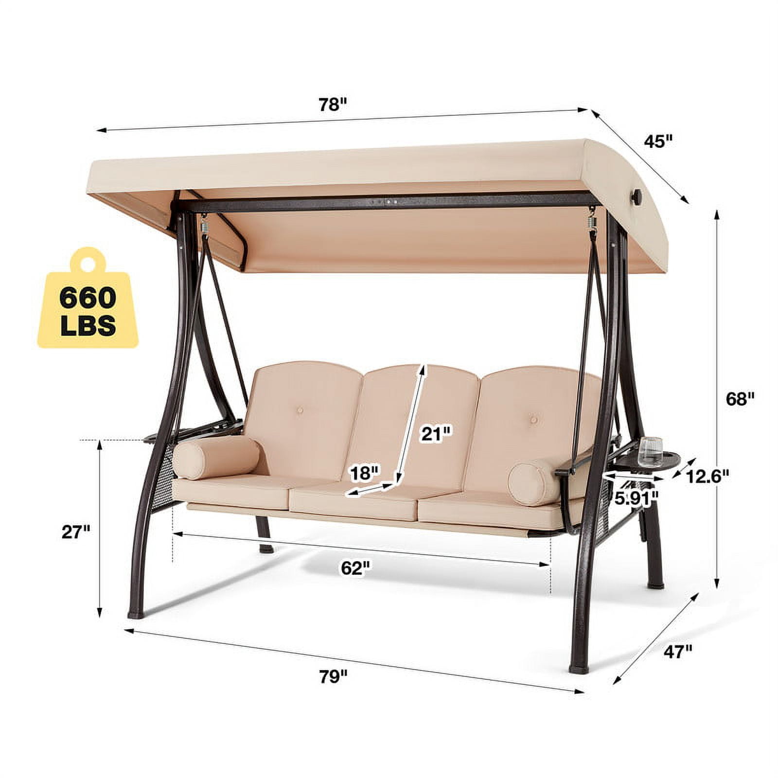 HOMREST 3-Seat Outdoor Porch Swing with Adjustable Canopy and Backrest, Patio Swing Chair with Weather Resistant Steel Frame,Comfortable Cushions for Balcony,Garden,Deck and Poolside