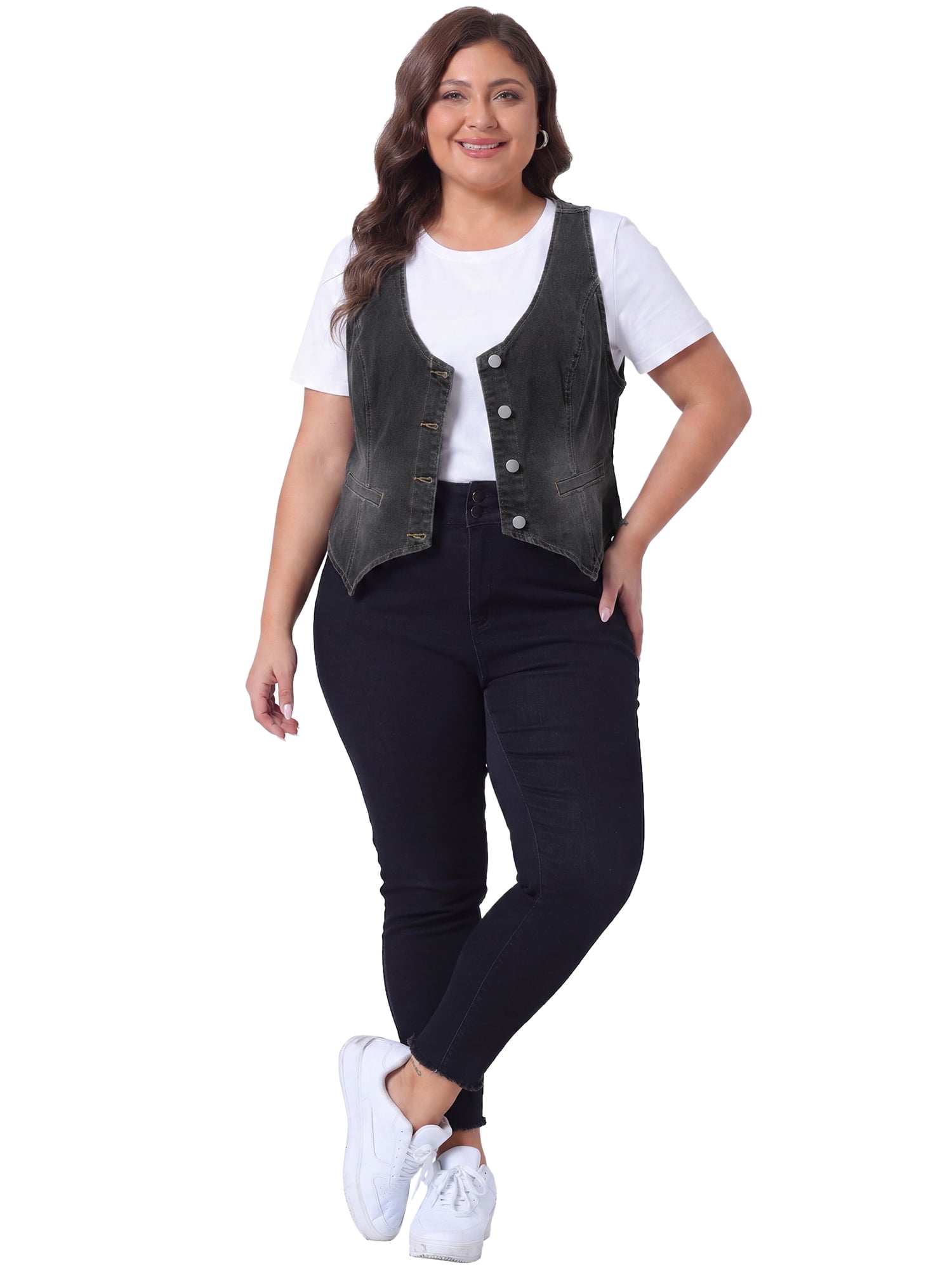 DARING DIVA Women's Plus Size Button Down V Neck Sleeveless Jean Waistcoat 2X Gray