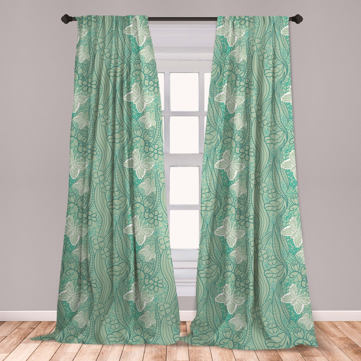 Green Curtains 2 Panels Set, Lace Style Graphic Pattern of Flourishing Forest Elements