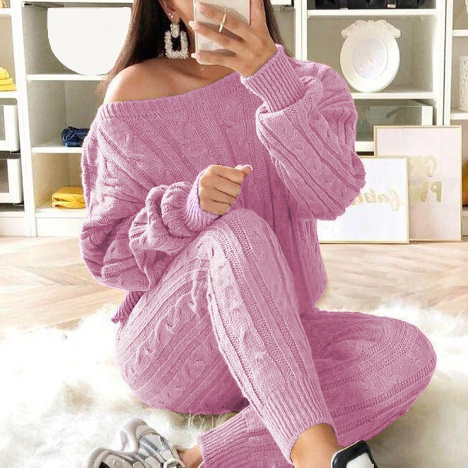 New Womens Ladies Cable Knit Knitted Warm 2pc loungewear set Casual Tracksuit UK 