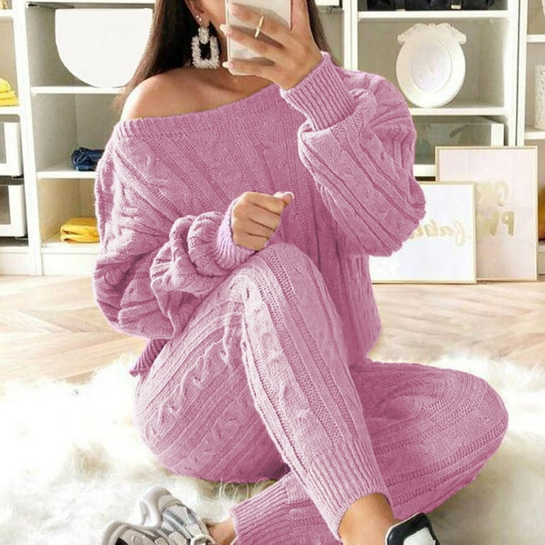 Baocc Womens Lounge Set Womens Ladies Solid Round Neck Cable Knitted Warm  2Pc Loungewear Suit Sets Women Tracksuit Set Pink