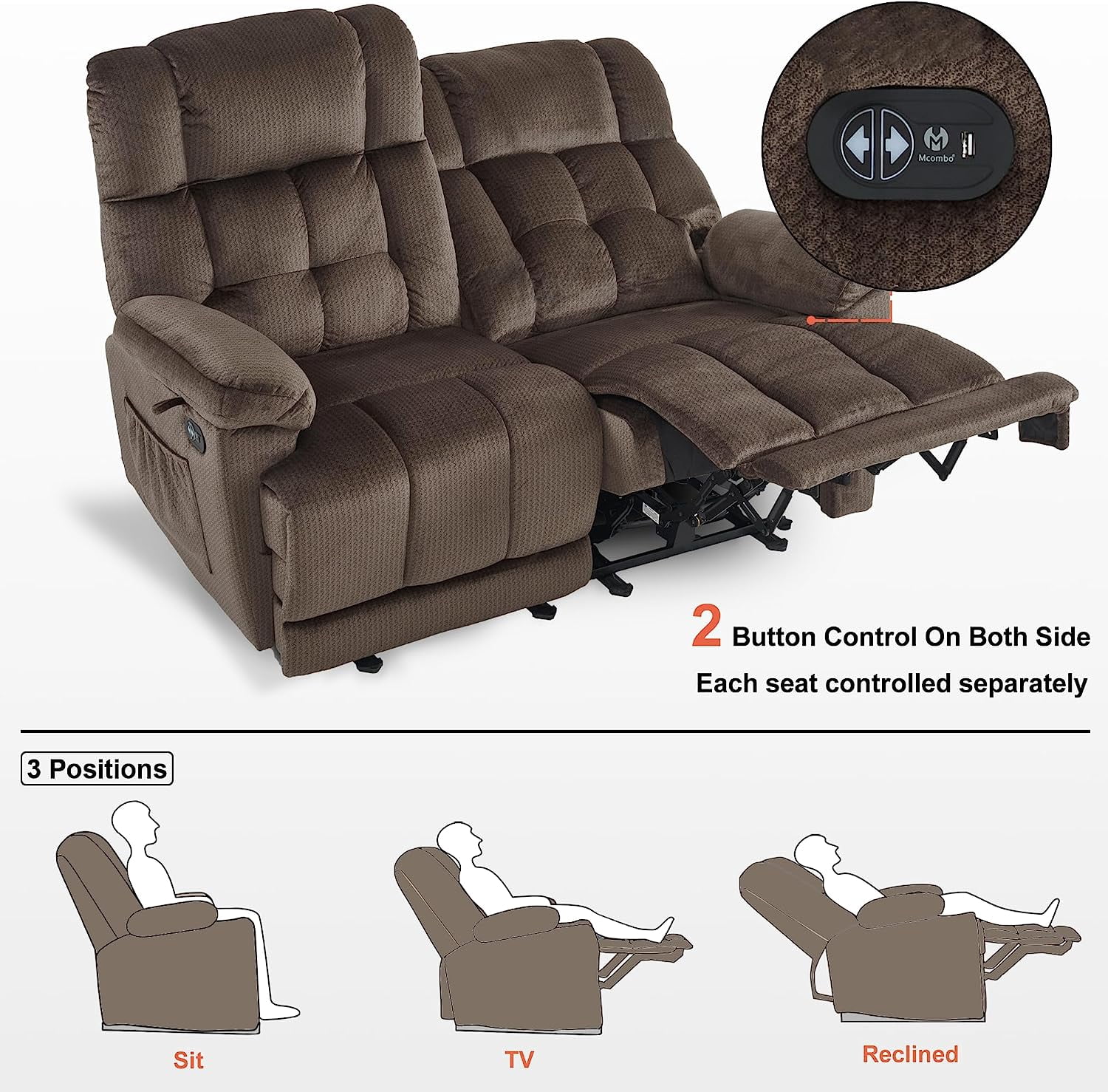 MCombo Power Loveseat Recliner, Electric Reclining Loveseat Sofa with Heat and Massage, USB Charge Port for Living Room Brown Fabric 6237