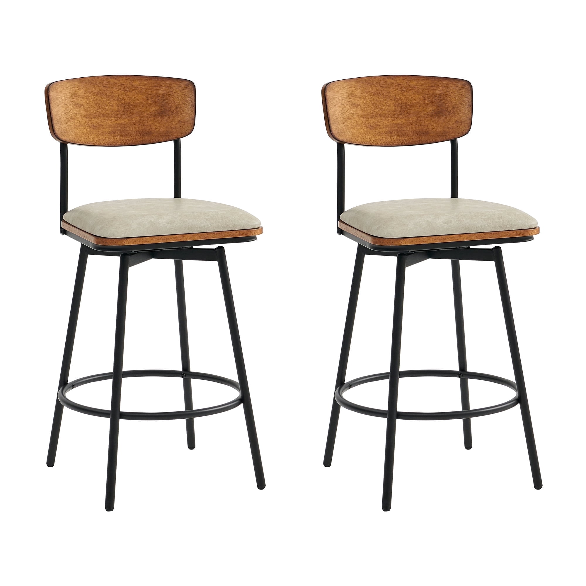 CHITA Swivel Counter Height Bar Stools with Back Set of 2, 27'' Seat Height, Metal & Wood Frame, Sand Gray